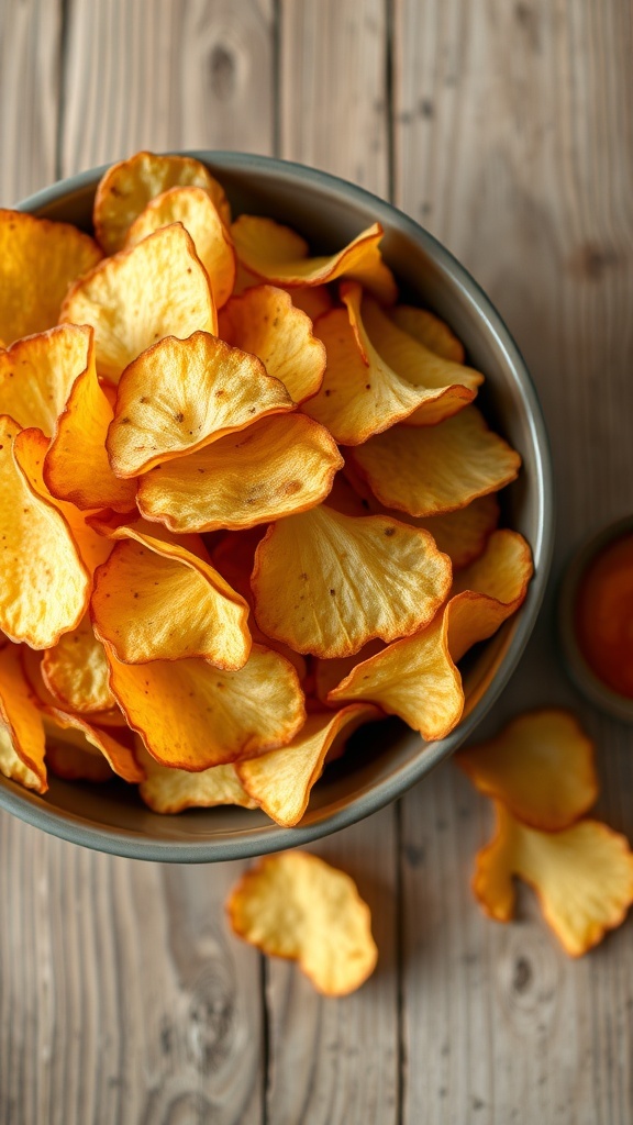 A bowl of golden homemade potato chips on a wooden table with a dipping sauce.
